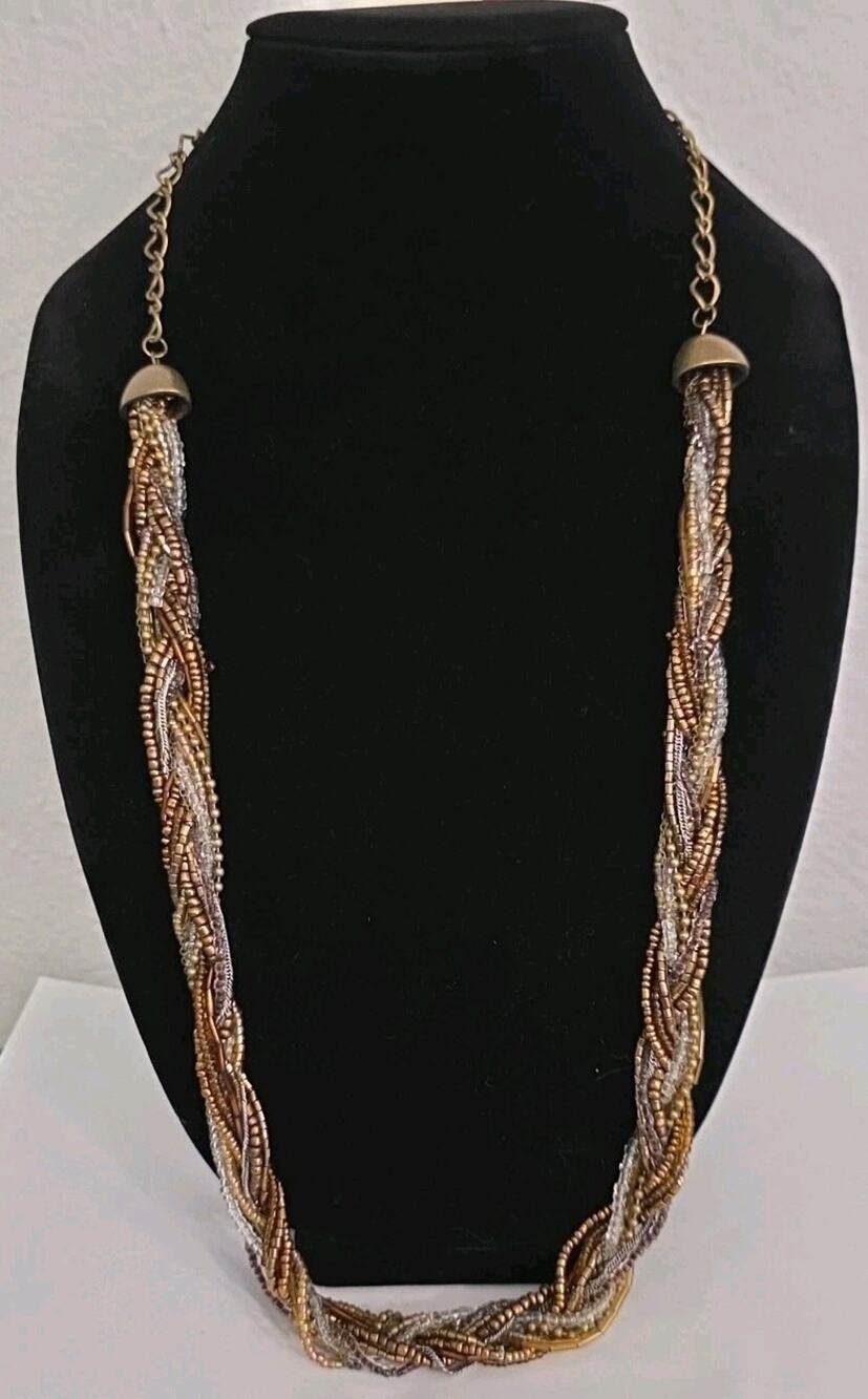 Christopher & Banks Necklace Multistrand Multicolored Beads Braided Bronze Tone